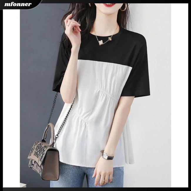Áo Thun Tay Ngắn Cổ Tròn Dáng Rộng Màu Sắc Tương Phản Phong Cách Retro Dành Cho Nữ