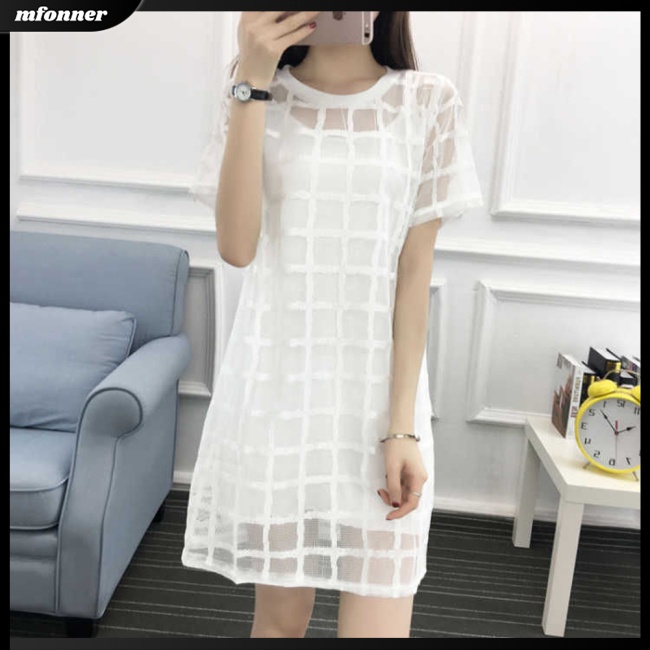 Set Đầm Midi 2 Món Cổ Tròn Tay Ngắn Phối Lưới Họa Tiết Sọc Caro Thời Trang Cho Nữ