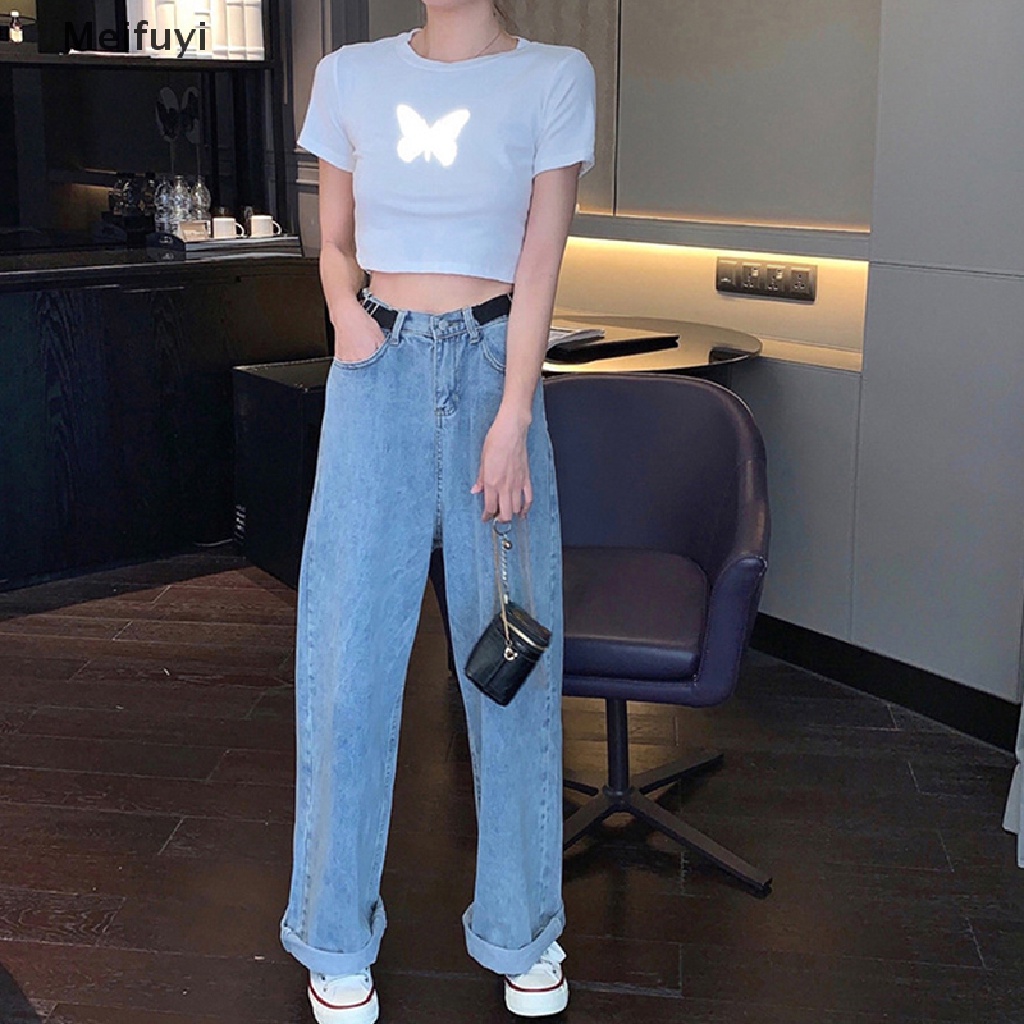 Áo Thun Croptop Tay Ngắn Cổ Tròn In Hình Bướm Phản Quang Thời Trang Mùa Hè Cho Nữ