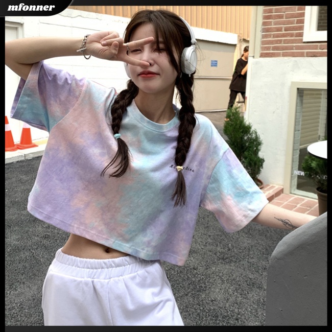 Áo Thun Croptop Tay Ngắn Nhuộm Màu Tương Phản Dáng Rộng Thời Trang Cho Nữ