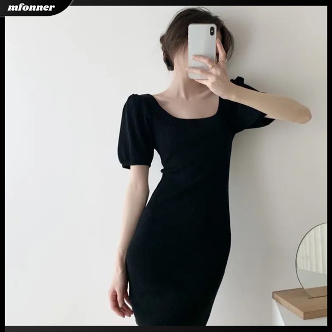 Đầm Dệt Kim Tay Phồng Ngắn Cổ Vuông Màu Sắc Đơn Giản Cho Nữ