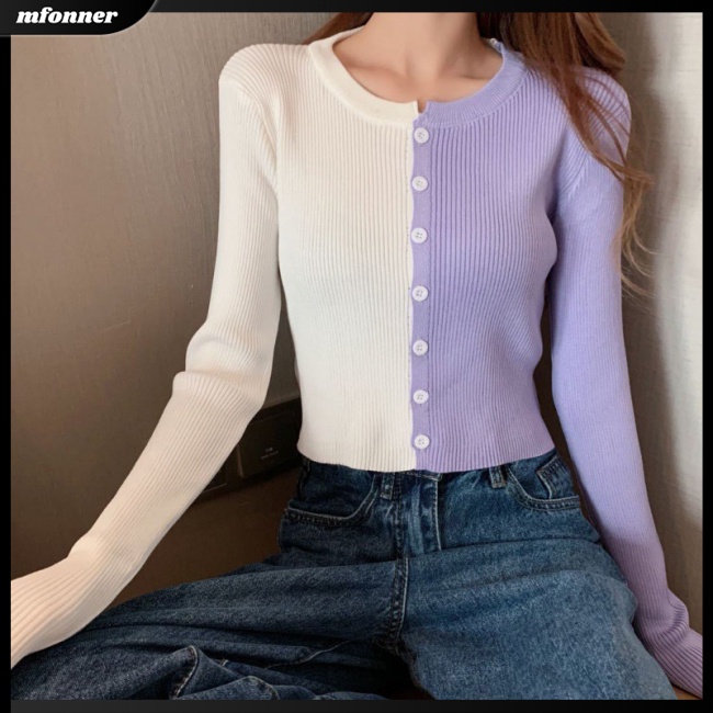 Áo Khoác Cardigan Dệt Kim Tay Dài Cổ Tròn Dáng Ôm Cài Khuy Màu Sắc Tương Phản Cho Nữ