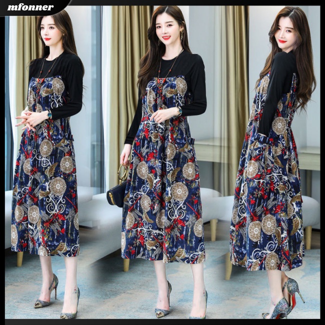 Đầm Giả Hai Lớp Tay Dài Cổ Tròn In Họa Tiết Hoa Dáng Rộng Thời Trang Cho Nữ