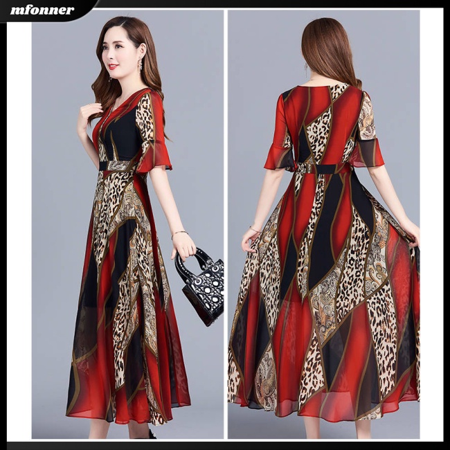 Đầm Midi Giả Lụa Mát Tay Ngắn Cổ Tròn In Họa Tiết Phong Cách Cổ Điển Thời Trang Cho Nữ