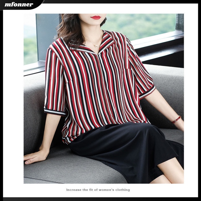 Áo Sơ Mi Chiffon Tay Ngắn Cổ Chữ V Họa Tiết Kẻ Sọc Thời Trang Cho Nữ