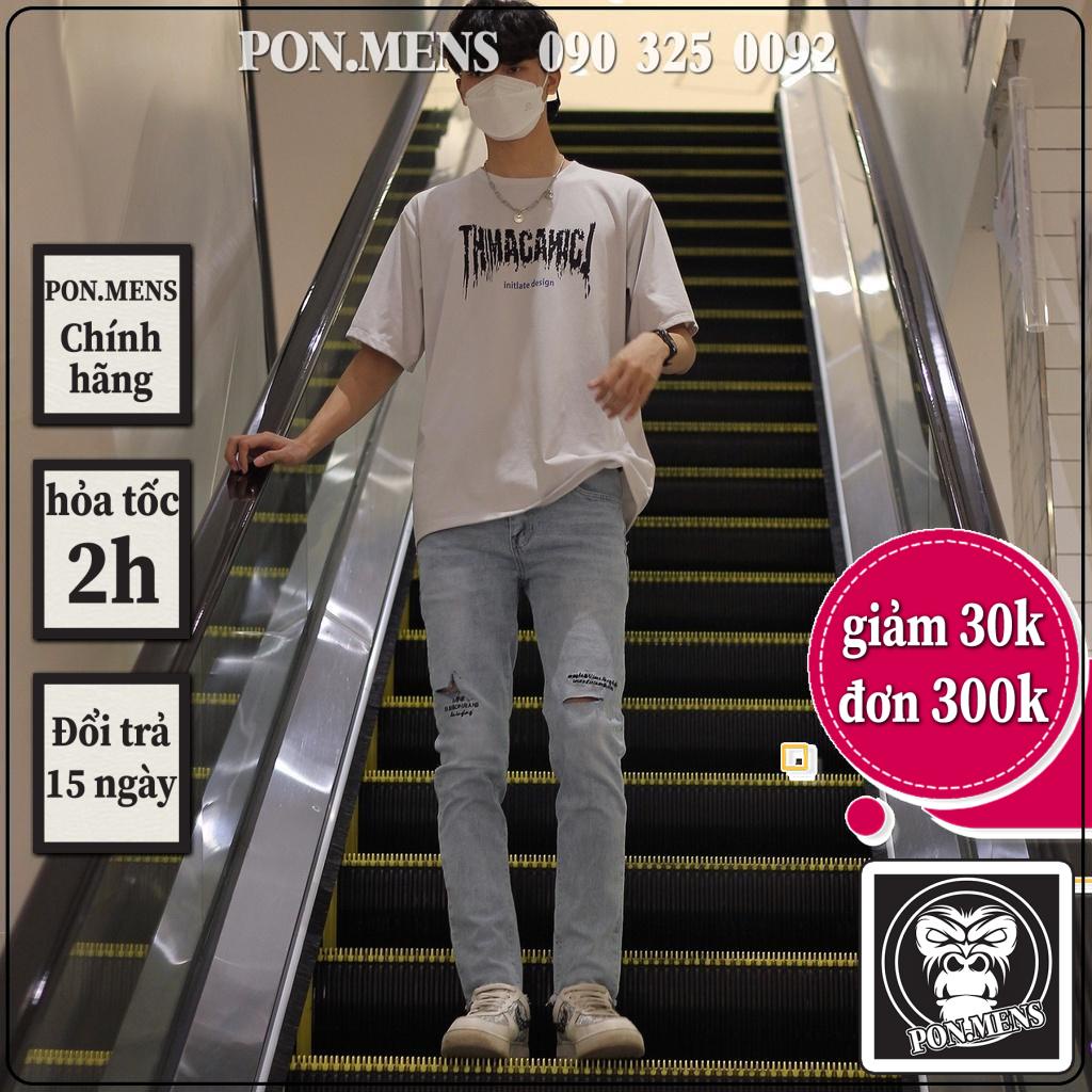 Quần jean nam rách gối màu xanh thêu chữ đen co giãn 4 chiều dáng slimfit skinny phom ôm VNXK Pon.mens hà nội
