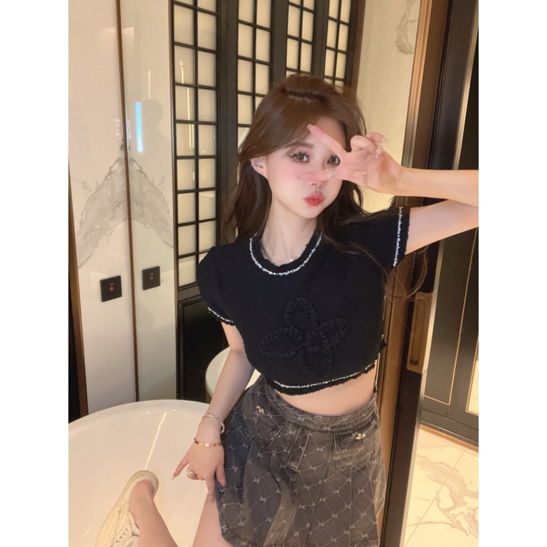 Áo Croptop Dệt Kim Tay Ngắn Cổ Tròn Dáng Ôm In Họa Tiết Thời Trang Mùa Hè Hàn Quốc Quyến Rũ Cho Nữ