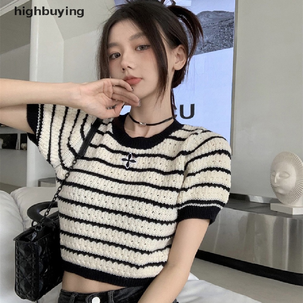 Áo Croptop Dệt Kim Ngắn Tay Cổ Tròn Họa Tiết Kẻ Sọc Phong Cách Retro