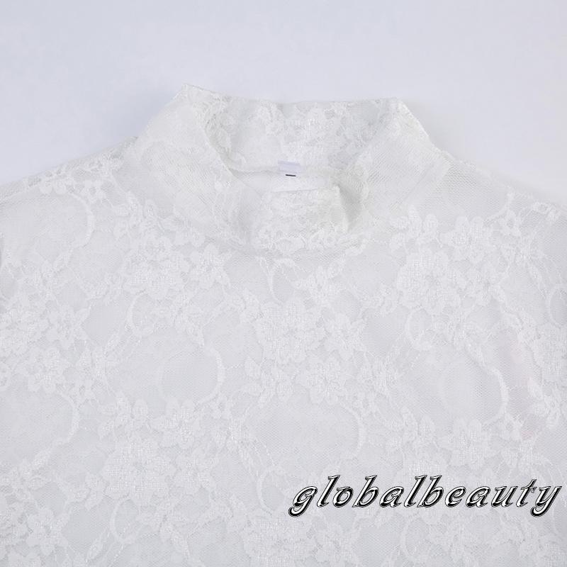 Áo Thun Dài Tay Cổ Cao Phối Ren Hoa Xuyên Thấu Gợi Cảm Cho Nữ