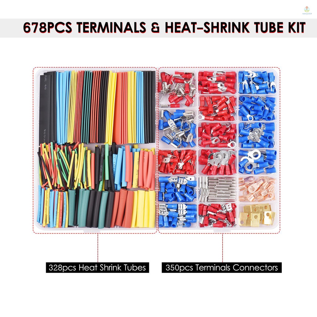 Set 678 Ống Co Nhiệt + 328 Đầu Nối Dây Điện Không Co Nhiệt Bằng Polyolefin