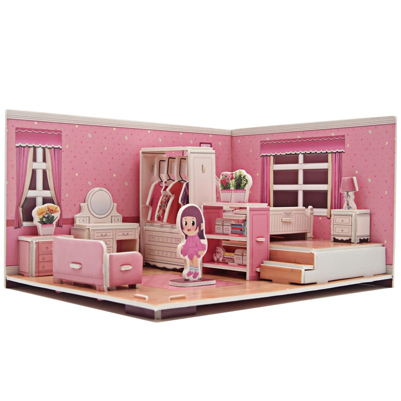 Bộ Đồ Chơi Xếp Hình Ngôi Nhà 3 Trong 1 Bằng Giấy Ba Chiều Dành Cho Bé Gái