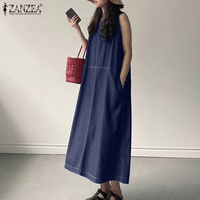 Đầm denim ZANZEA không tay thời trang đường phố cá tính cho nữ