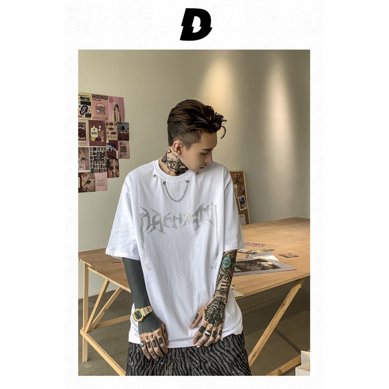 Áo Thun Tay Ngắn Dáng Rộng In Chữ Đính Đá Kiểu Hip-Hop Âu Mỹ Cá Tính Cho Các Cặp Đôi