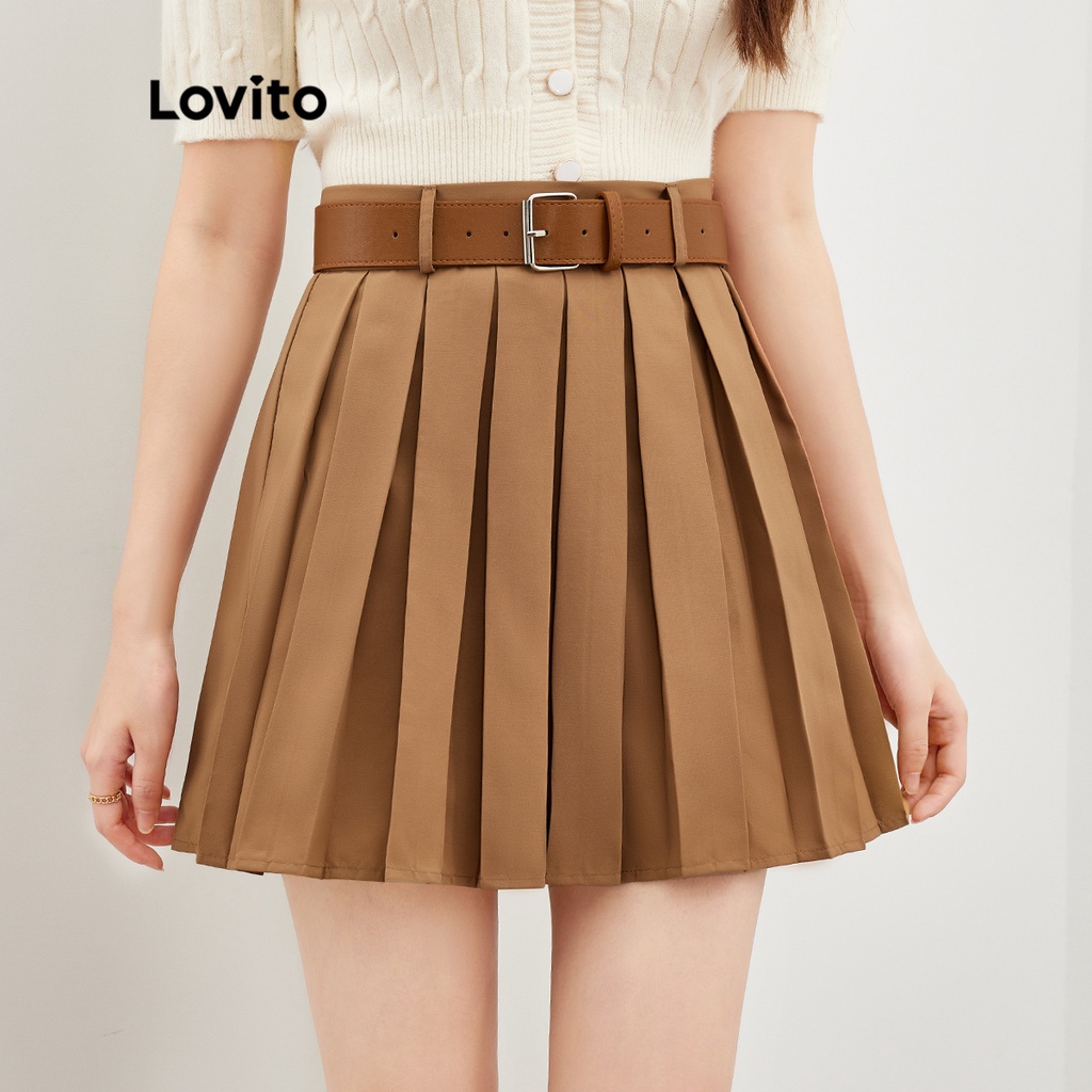 Chân Váy Nữ Xếp Ly Phối Thắt Lưng Lovito Preppy L36ED017 (Camel)