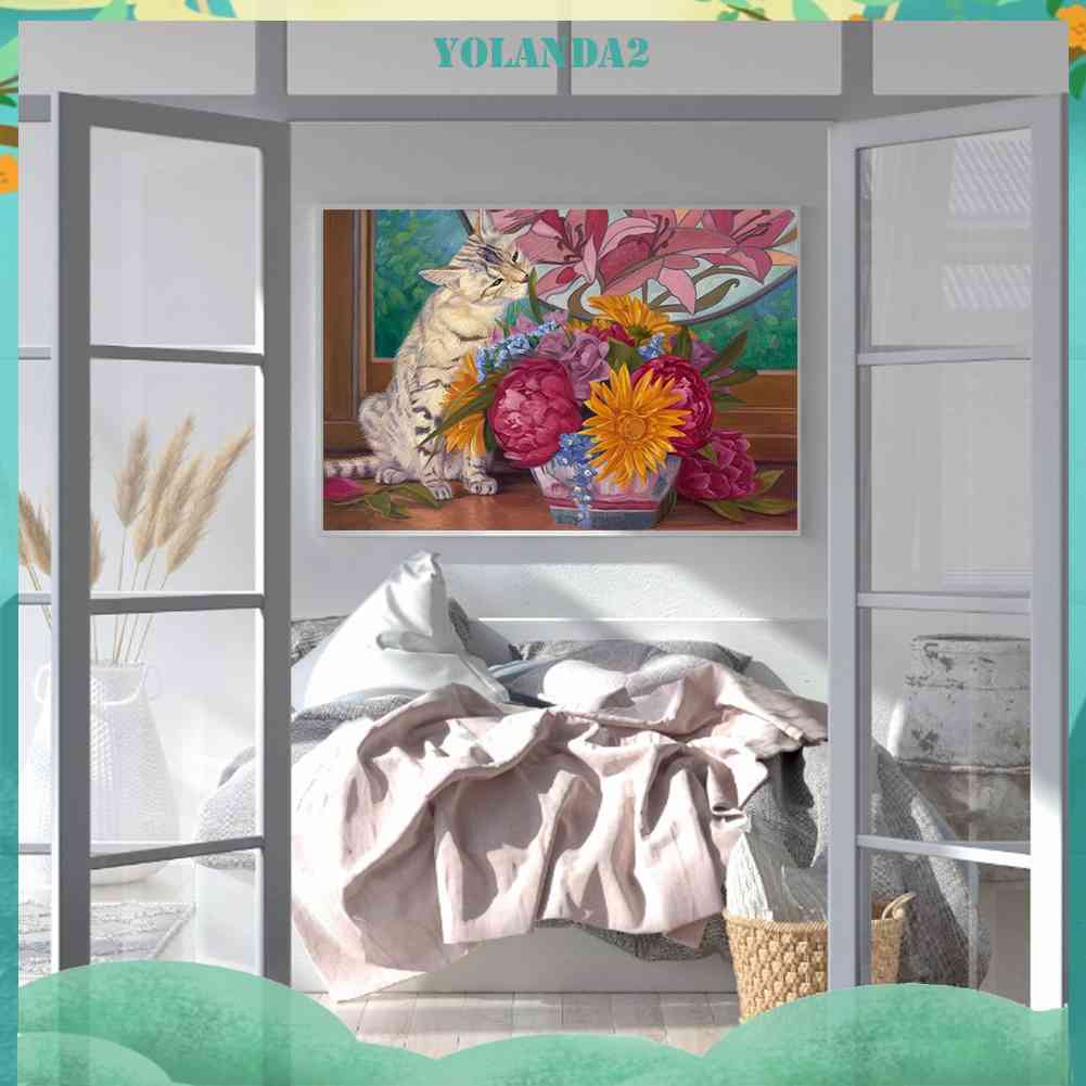 Tranh Đính Đá Kim Cương Toàn Bộ 5D DIY Hình Vẽ Mèo Hoa