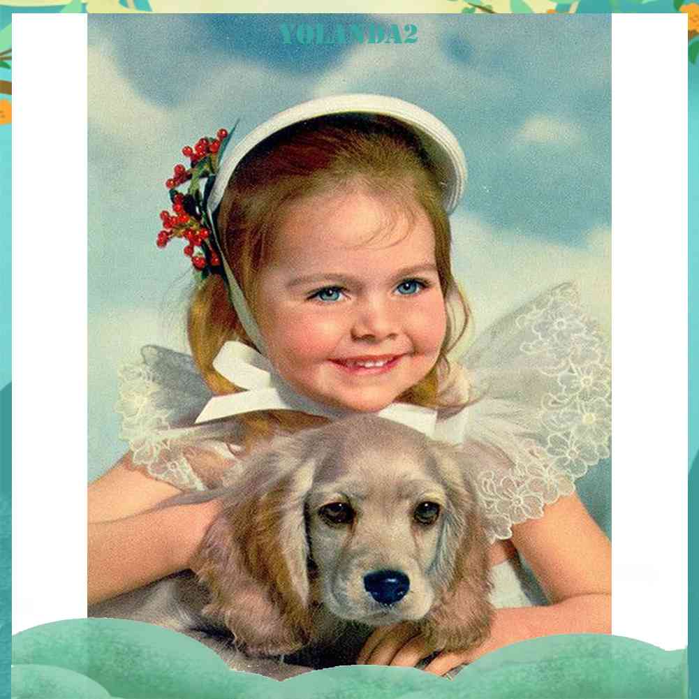 Tranh Đính Đá Kim Cương Toàn Bộ 5D DIY Hình Vẽ Chó Bé Gái Trang Trí Tường