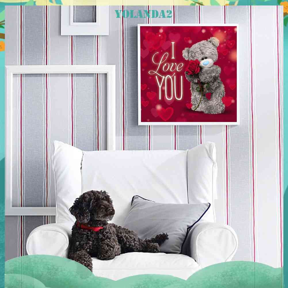 Tranh Đính Đá Kim Cương Toàn Bộ 5D DIY Hình Vẽ Gấu Hoa Hồng