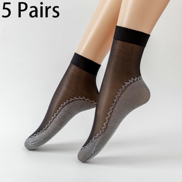 Set 5 Đôi Vớ Trong Suốt Bằng Lụa Nylon Co Giãn Thoáng Khí Chống Trượt Chống Chảy Xệ Dành Cho Nữ