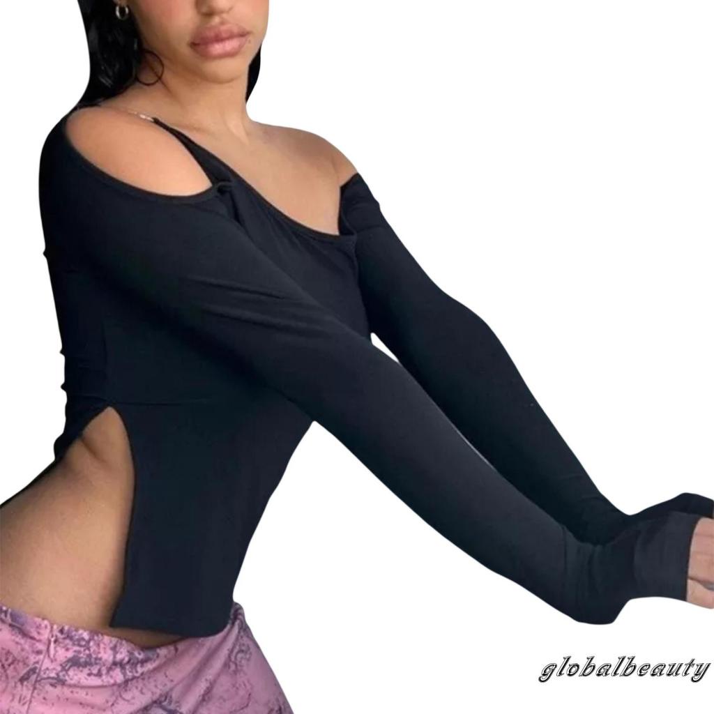 Áo Croptop Trễ Vai Tay Dài Màu Trơn Thời Trang Xuân Thu Dành Cho Nữ