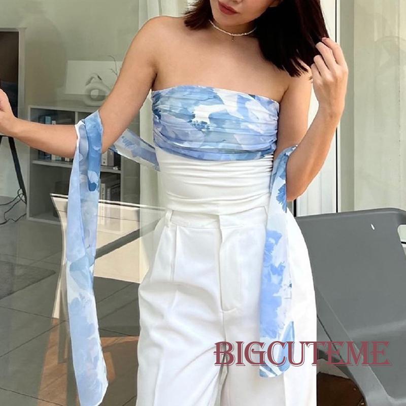 [] Áo Ống Mỏng Không Tay Hở Vai Ghép Vải Hoa Mùa Hè Cho Nữ