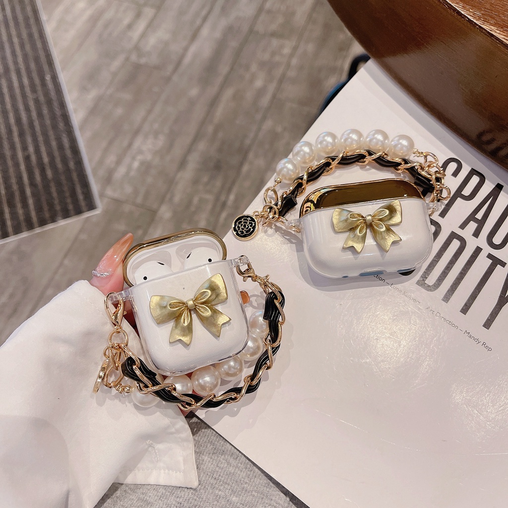 Vỏ Bảo Vệ Hộp Sạc Tai nghe không dây AirPods 1 / 2 / 3 Pro2 2022 Bằng Silicon tpu Mềm Trong Suốt Đính Nơ 3D Mạ Điện