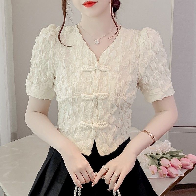 Áo Sơ Mi Tay Ngắn Phồng Màu Sắc Đơn Giản Phong Cách Retro