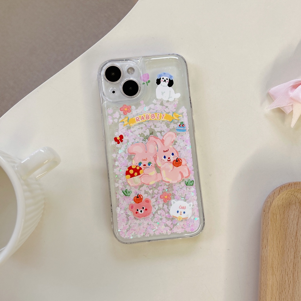 Ốp Điện Thoại PC Cứng Họa Tiết Thỏ Hoạt Hình Phối Cát Lún Lấp Lánh Chống Sốc Cho iPhone11 12 13 14 Pro Max