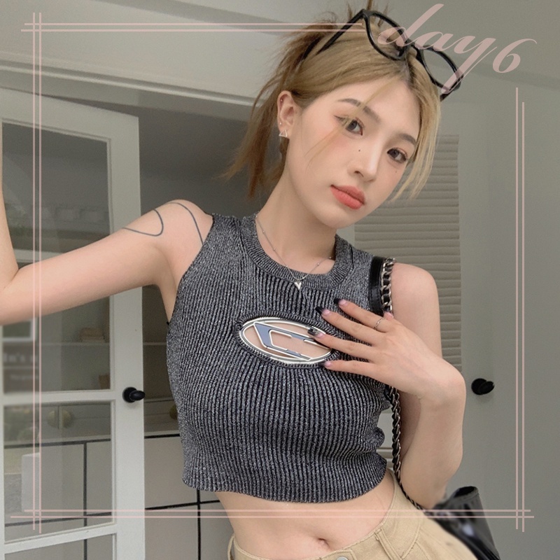 Áo Croptop Cổ Tròn Dáng Ôm Thiết Kế Đục Lỗ Thời Trang Hàn Quốc Cho Nữ