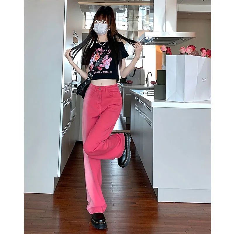 Quần Jean Nữ Ống Rộng Lưng Cao Màu Hồng Gradient Phong Cách Retro Mới