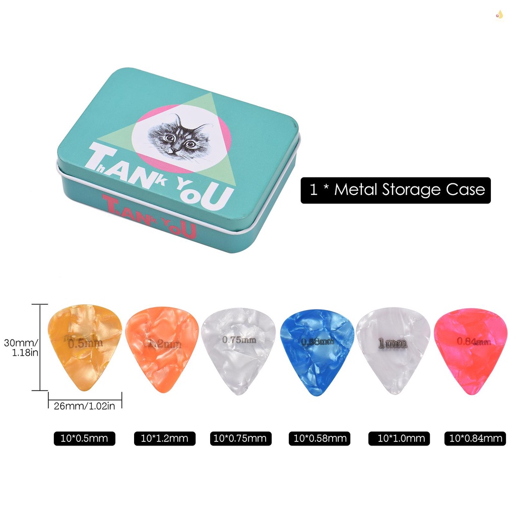 Bộ 60 Miếng Gảy Đàn Guitar Celluloid Có Hộp Đựng Bằng Kim Loại Dành Cho Đàn Guitar Bass / Điện / Guitar Cổ Điển 0.