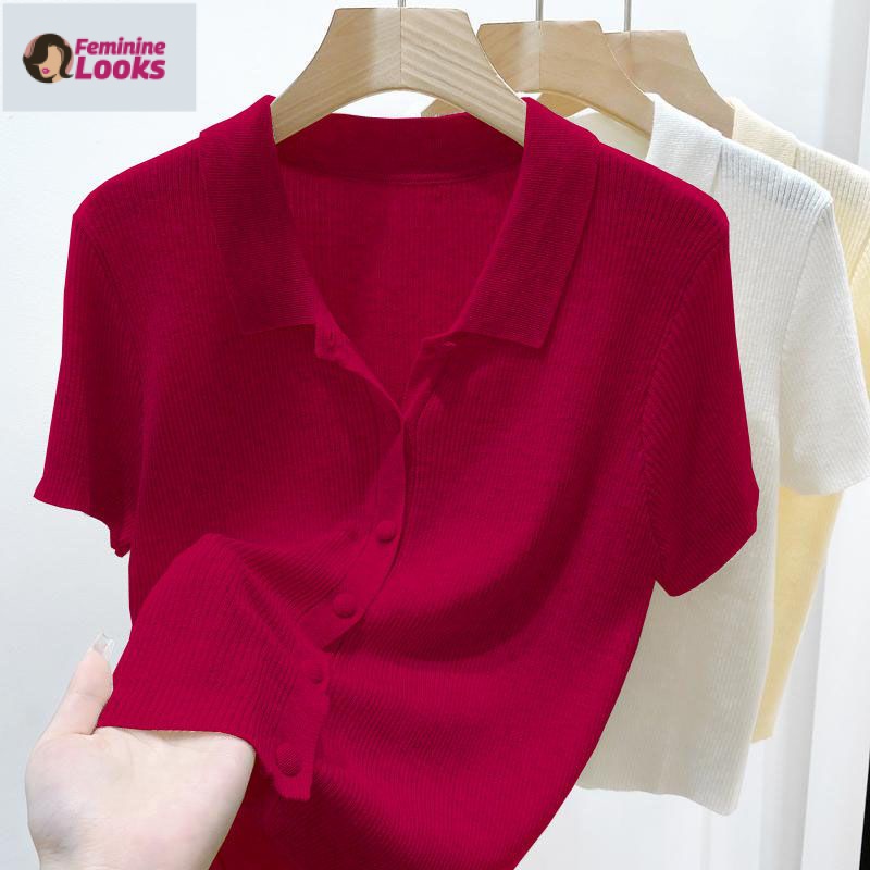 Áo Thun Polo Dệt Kim Tay Ngắn Màu Sắc Xinh Xắn Cho Nữ