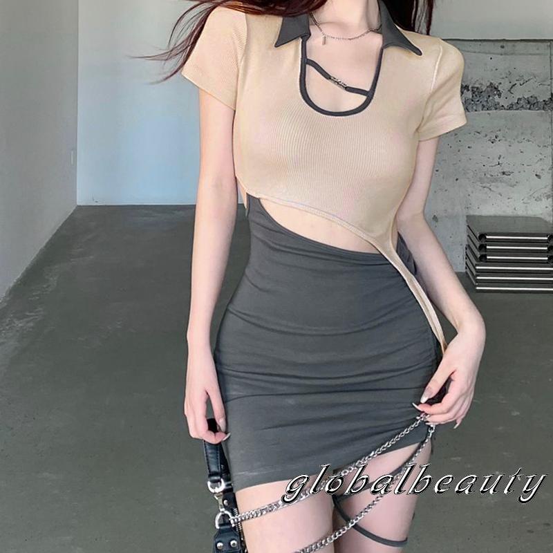 Đầm Ngắn Tay Ôm Dáng Màu Sắc Tương Phản Thời Trang Mùa Hè Dành Cho Nữ