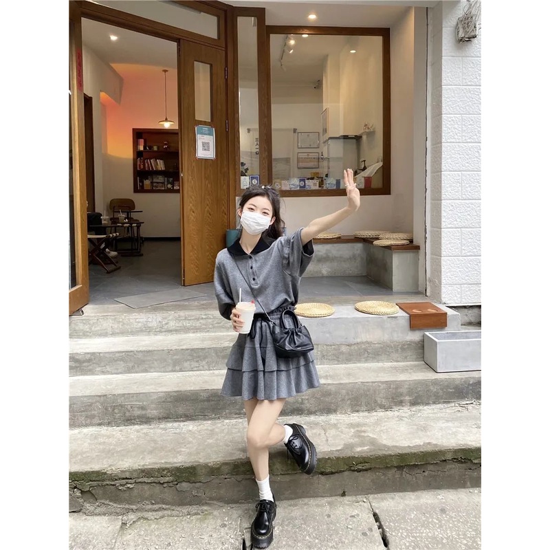 Set 2 Món Nữ Sinh, Phong Cách Nữ Học Sinh Trẻ Trung Cá Tính Màu Xám Dành Cho Bạn Gái
