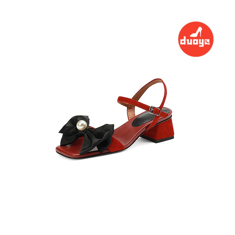 Duoya Tóc Thẳng ~ [Hàng Có Sẵn] Giày Sandal Hở Ngón Gót Dày Hở Ngón Quai Nơ Cài Khóa Phẳng Đính Ngọc Trai Phù Hợp Với Nữ Miễn Phí Vận Chuyển