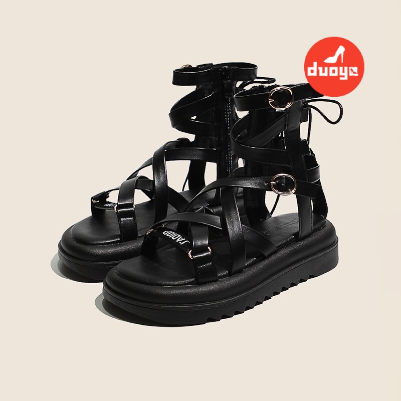 Duoya Tóc Thẳng ~ [Hàng Có Sẵn] Sandal Roman Hở Ngón Đế Dày Bằng Da Mềm Chống Trượt Có Khóa Kéo Bên Hông Dành Cho Nữ