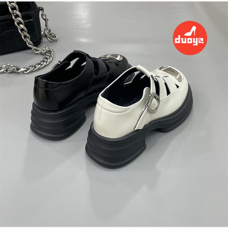 Duoya Tóc Thẳng ~ [Hàng Có Sẵn] Giày Sandal Đế Dày Bằng Da Thật Đế Kim Loại Rỗng Thoáng Khí Phong Cách La Mã Hợp Thời Trang Tăng Chiều Cao Miễn Phí Vận Chuyển