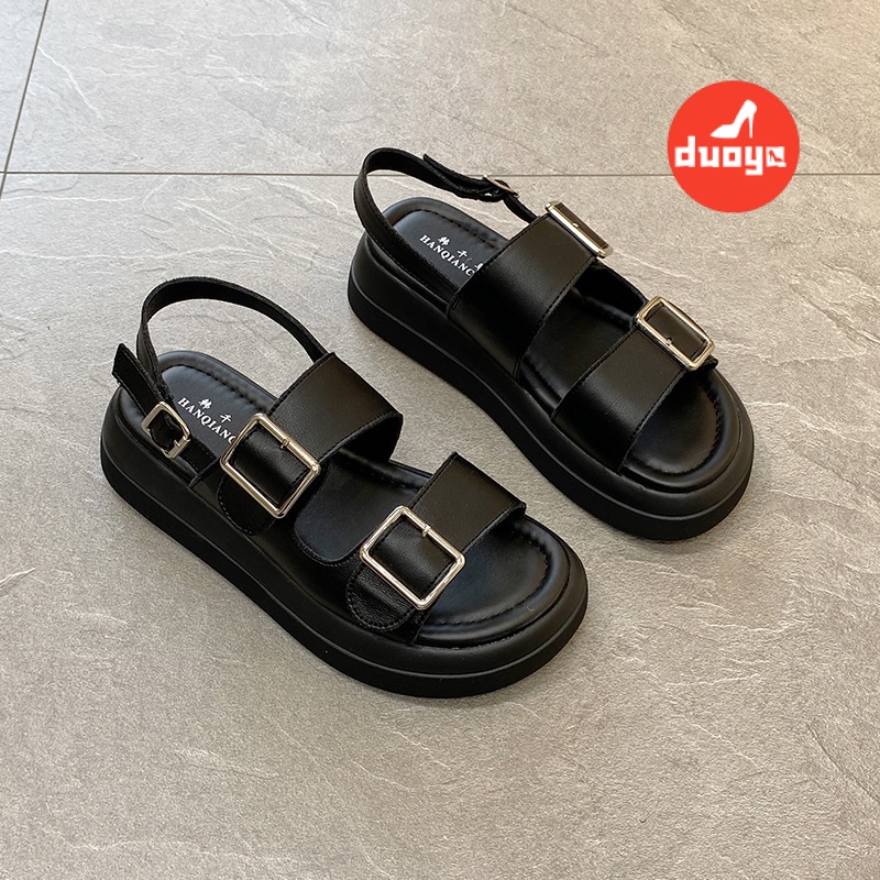 Duoya Tóc Thẳng ~ [Hàng Có Sẵn] Giày Sandal Đế Dày Hở Ngón Bằng Da Mềm Có Khóa Kim Loại Thời Trang Mùa Hè Cho Nữ Miễn Phí Vận Chuyển