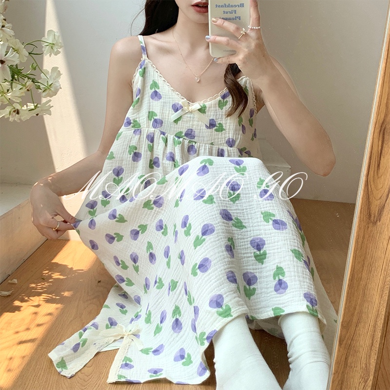 Maomao Đồ ngủ Hai Dây Vải cotton Kiểu Công Chúa Xinh Xắn Thời Trang Mùa Hè Cho Bé Gái