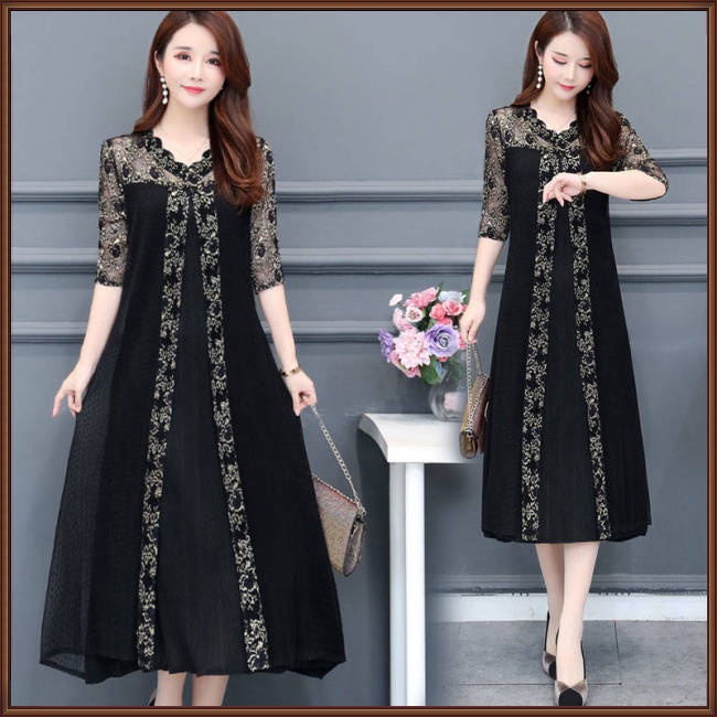 Đầm Dáng Rộng Cổ Chữ V Phối Lưới In Họa Tiết Xinh Xắn Thời Trang Cho Nữ