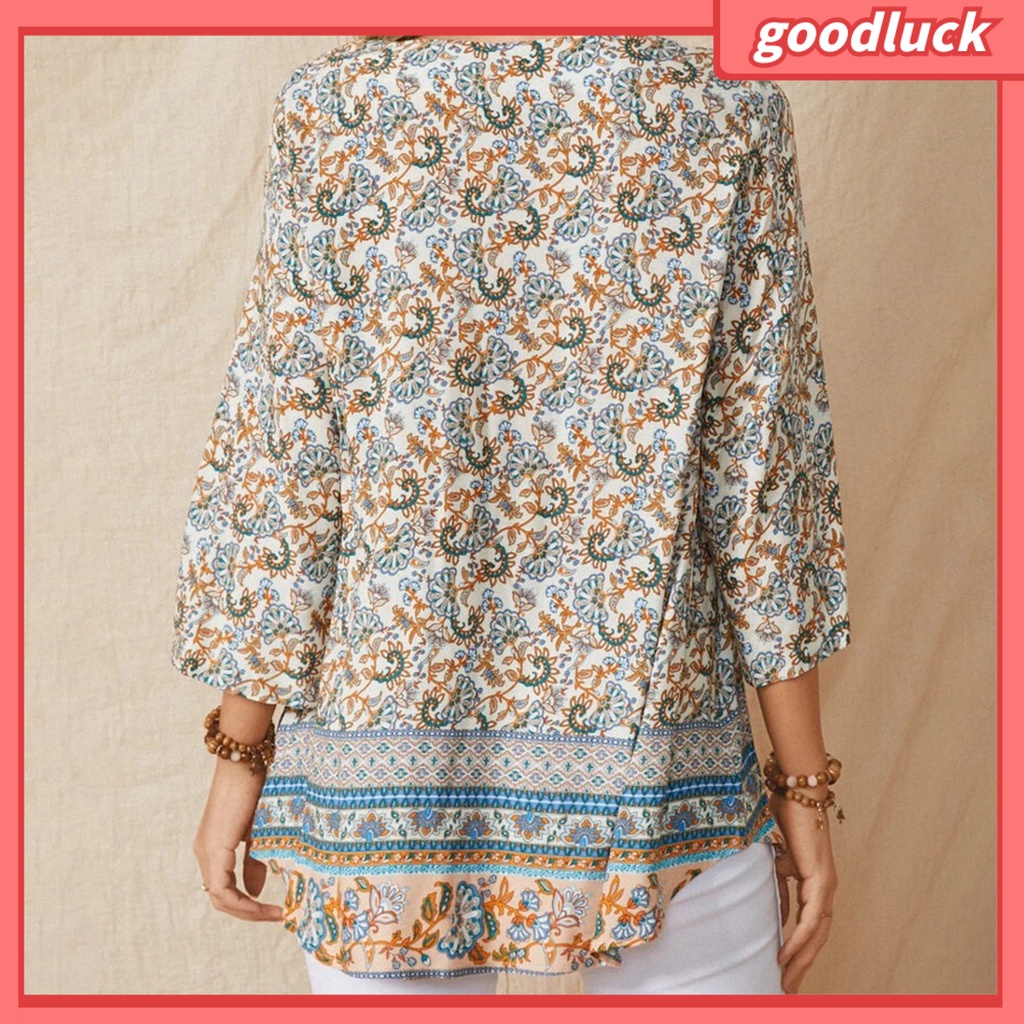 Áo Sơ Mi Tay Lỡ 3 / 4 Cổ Chữ V Họa Tiết Hoa Phong Cách Bohemian Dành Cho Nữ