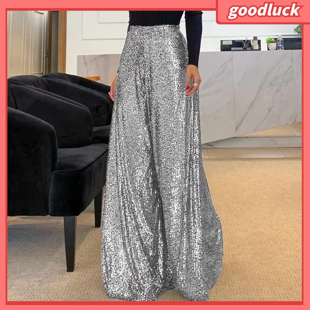 Quần ống rộng Lưng Cao Đính Kim Sa Lấp Lánh Thời Trang Cho Nữ
