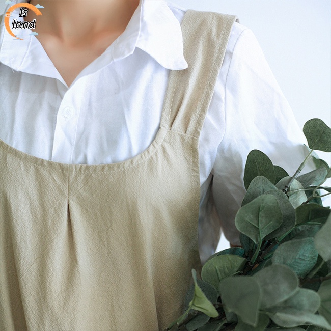 Tạp Dề Cotton Lanh Màu Trơn Dây Chéo Có Túi 2 Ngăn Phong Cách Nhật Hàn Đơn Giản Cho Nữ