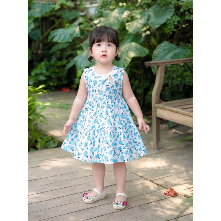 Váy Bé Gái CARROT Cổ Viền Nơ, Daisy Xanh, Chất Liệu Thô Cotton Thấm Hút Mồ Hôi Tốt