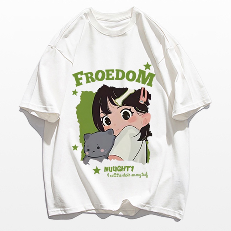 Áo Thun 100% Cotton Tay Ngắn Cổ Tròn In Họa Tiết Phong Cách Hàn Quốc Cho Nữ