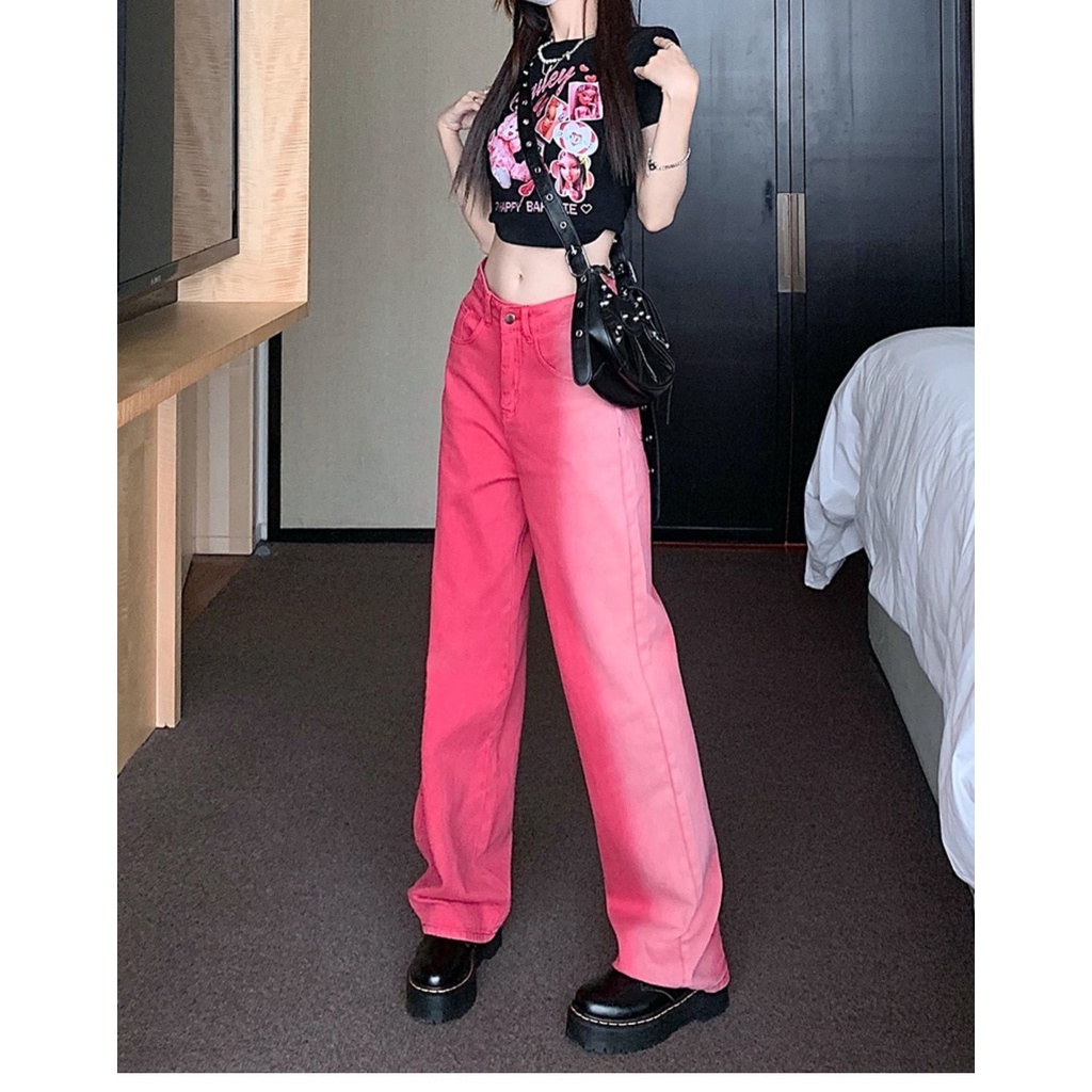 Quần Jean Nữ Ống Rộng Lưng Cao Màu Hồng Gradient Phong Cách Retro Mới