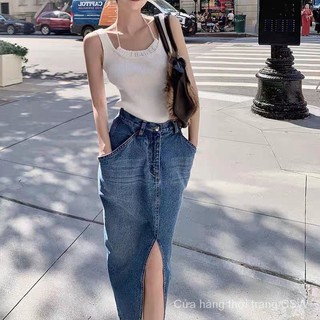  Chân Váy Denim Dài Lưng Cao Xẻ Tà Phía Trước Thiết Kế Mới Thời Trang Theo Phong Cách Trung Hoa 
