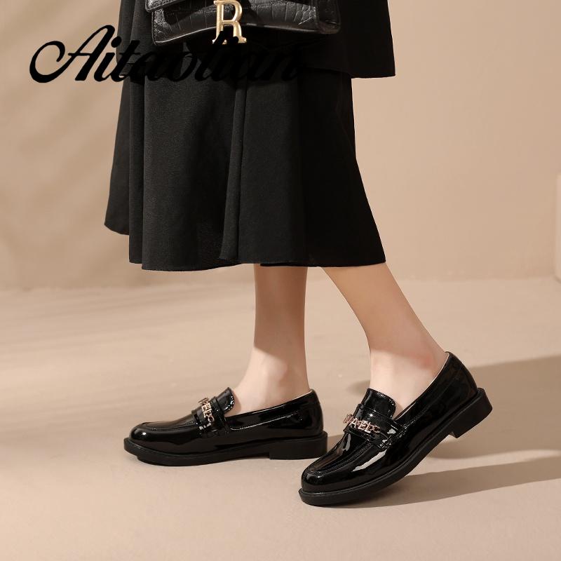 Giày Lười Da Bóng 3cm Mũi Tròn Phong Cách retro Anh Quốc Thời Trang