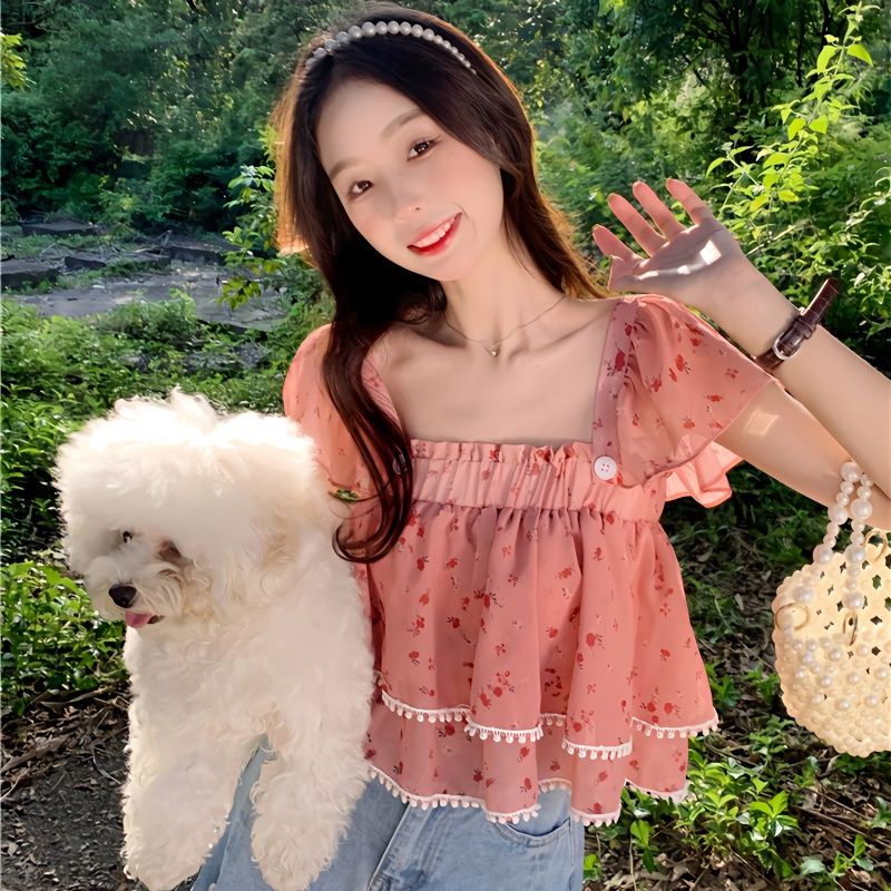 Áo Sơ Mi Tay Phồng Cổ Bẻ Họa Tiết Hoa Ngọt Ngào Thời Trang Mùa Hè Cho Nữ