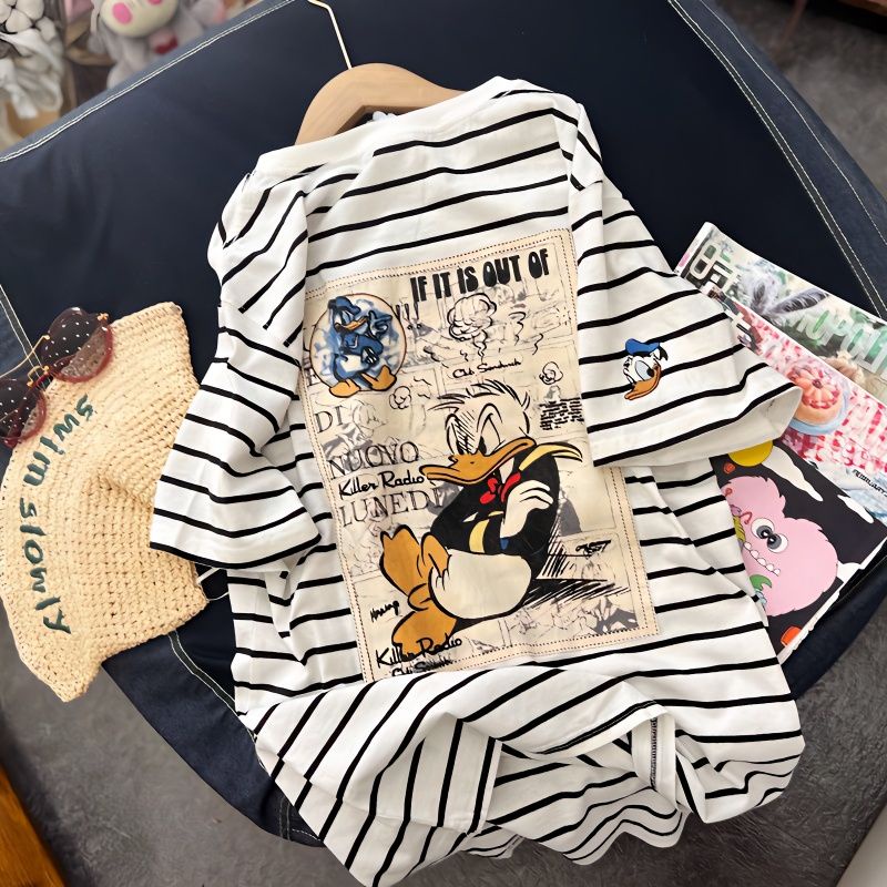 Áo Thun cotton Ngắn Tay Họa Tiết Kẻ Sọc Thêu Hoạt Hình Phong Cách Hàn Quốc Thời Trang Mùa Hè Cho Nữ AA5378