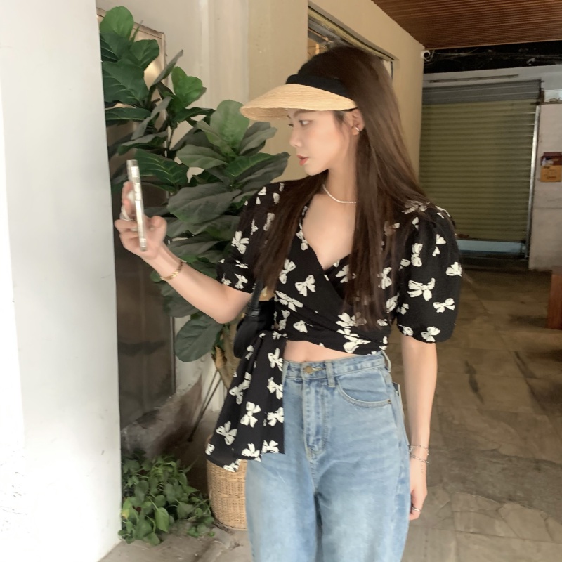 SUXI Áo Sơ Mi Chiffon Tay Ngắn Dáng Ôm In Họa Tiết Thắt Nơ Kiểu Vintage Xinh Xắn